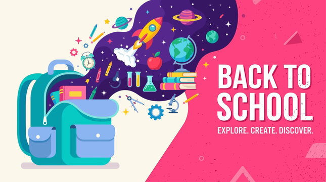 A colorful illustration of school supplies and objects flying out of a backpack on a pink and beige background for Back to School