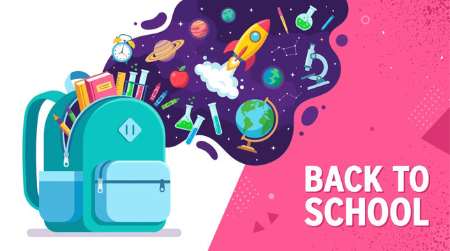 Students prepare for school with a colorful explosion of educational supplies and icons surrounding a teal backpack