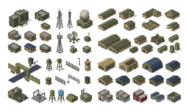 Low Poly Military Base Buildings Vector Icon Set for City Illustration