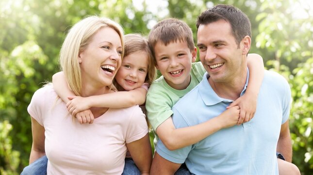 Happy family of four enjoying a sunny day outdoors with parents giving their young children piggyback rides in a lush green summer park setting