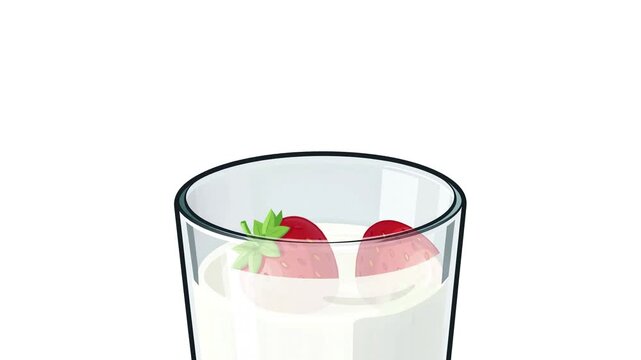 Close-up 2D animation of a sweet red strawberry floating on top of a delicious white milk shake or yogurt. Clean vector graphic design for organic dairy products, healthy food promotion, 4k.