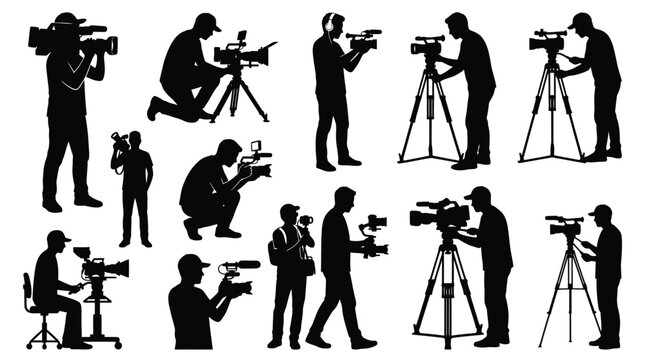 Black silhouettes of cameramen using professional video cameras in a flat vector graphic design style