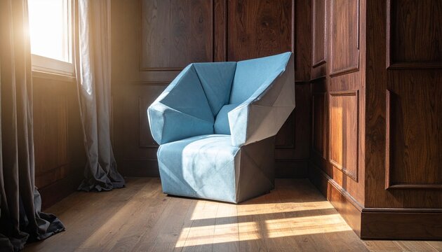 Light Blue Armchair with Sunlight and Wood Paneling