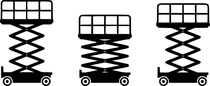 Industrial scissor lift platform icon set showing different extension heights, representing hydraulic aerial work machinery, construction equipment, warehouse lifting, and safety.