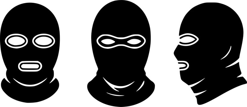 Black silhouette balaclava mask icon set from different angles, representing tactical military gear, winter ski face cover, security force headwear, and criminal disguise concepts.