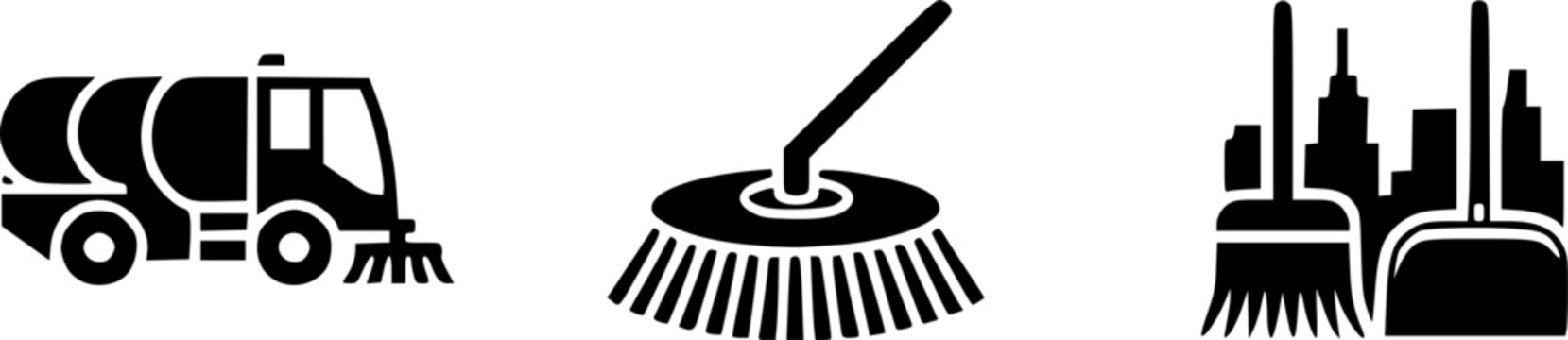 Municipal street sweeper truck and cleaning service icon set, representing urban sanitation maintenance, public road sweeping machinery, city hygiene, and waste management.
