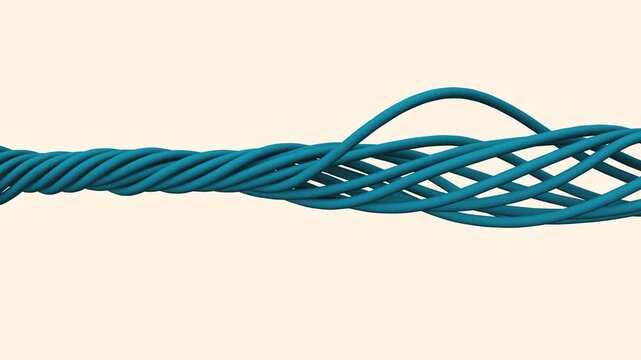 3D render animation of multiple blue ropes or lines twisting and intertwining into a single strong cord. Abstract concept of teamwork, data connection, strength and unity, non-loop, 4k.