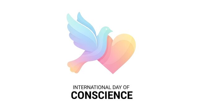 Gradient dove and heart icon representing peace and love for the international day of conscience event in this colorful illustration