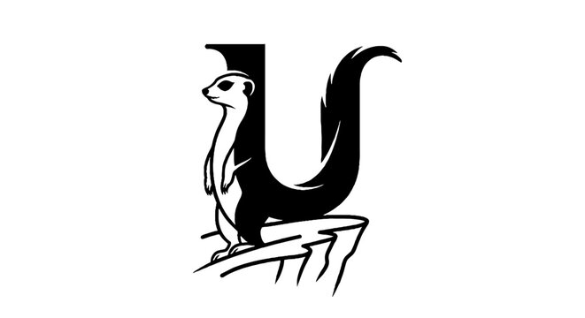 Black and white illustration of a ferret in letter U shape.