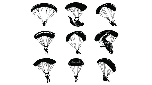Detailed black vector illustration set featuring various silhouettes of skydivers using parachutes for extreme sports