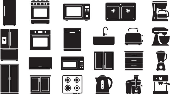 Kitchen appliances and home furniture icons set featuring refrigerator stove microwave sink dishwasher oven toaster blender and coffee maker.