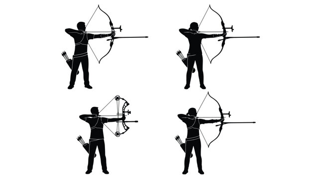 Black silhouette vector illustration of diverse archers aiming with compound and recurve bows for sport