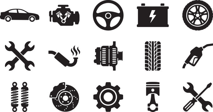 Automotive parts and car repair service icons set with engine steering wheel battery tires exhaust pipe tools and suspension components design.