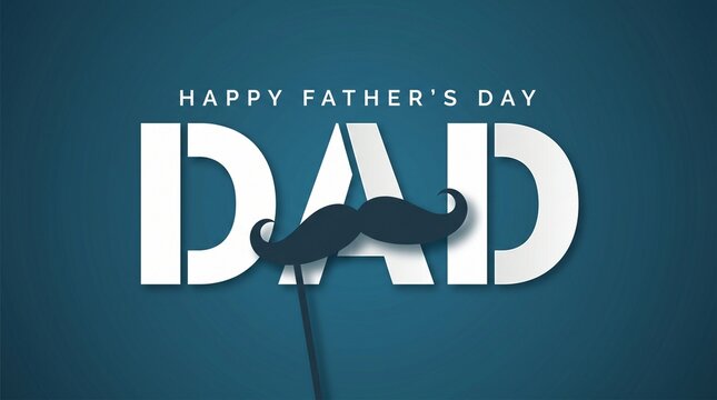Celebratory graphic design for Father's Day featuring bold 'DAD' text and a fun mustache element on a blue background, perfect for greetings and social media