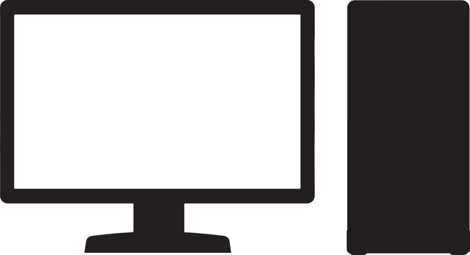 Black and white of a desktop computer set featuring a flat screen monitor and a vertical tower case on a clean white also transparent background