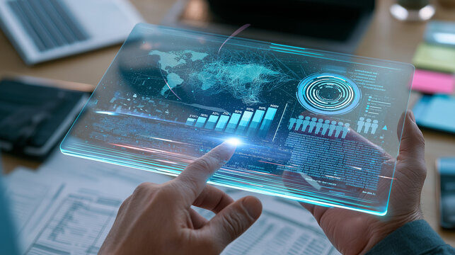 Human finger touching transparent glowing holographic tablet displaying wireframe world map, business bar charts and demographic data in office workspace