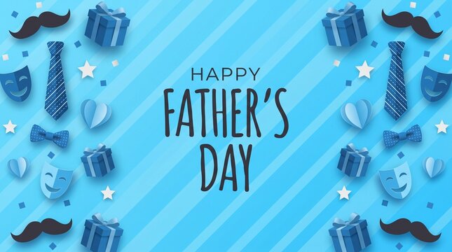 Happy Father's Day Celebration with Blue Background and Gift Boxes, Ties, and Moustaches