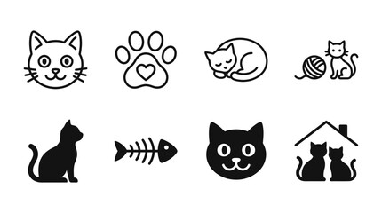 Fototapeta premium Set of cat icons featuring cute feline faces paws heart sleeping poses playing with yarn and home silhouettes, sleeping