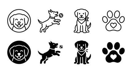 Fototapeta premium Collection of dog and puppy icons showing happy canine faces jumping for ball bandanna wearing pets and paws