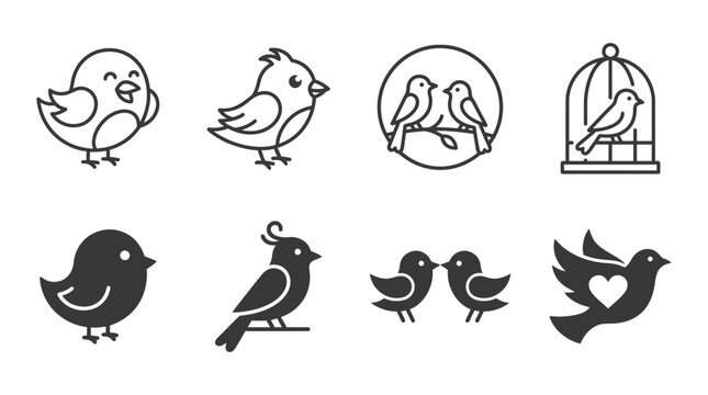 Vector icon set of stylized birds featuring chirping birds paired lovebirds on branch and bird in a cage design