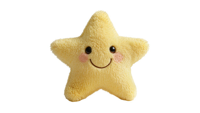 Fluffy yellow star plush toy with smiling face, isolated on transparent background