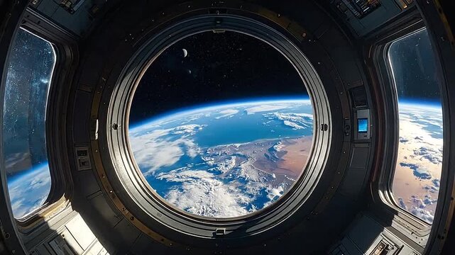 View of the planet from a circular window in outer space