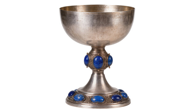 Ornate silver chalice with blue gemstones, isolated on transparent background