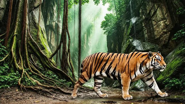Sumatran Tiger Walking Through a Narrow Canyon-Like Jungle Surrounded by Lush Flora and Dappled Sunlight Filtering Through the Leaves