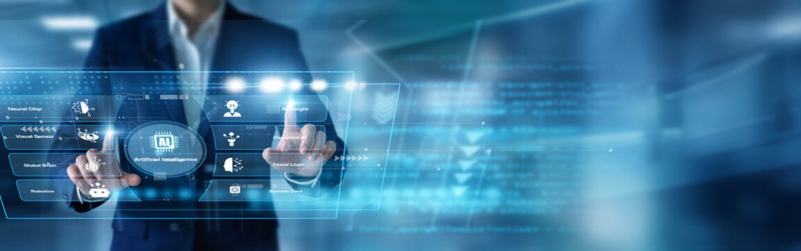Data scientist writing algorithms using hands designing smart Artificial Intelligence models upon an interactive virtual screen analyzing machine learning graphs. Building future tech.