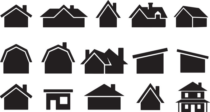 Collection of house icons representing different residential architectural styles for real estate property concepts and building graphic design.