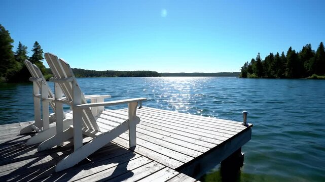 Two white chairs await relaxation on a wooden dock by a calm lake