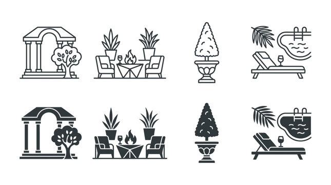 Outdoor recreation and relaxation icons featuring arched gate garden fire pit topiaries poolside lounge, recreation