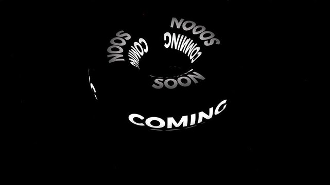 3D animated torus spinning with coming soon text on dark background for announcement teaser and creative marketing banner 4K