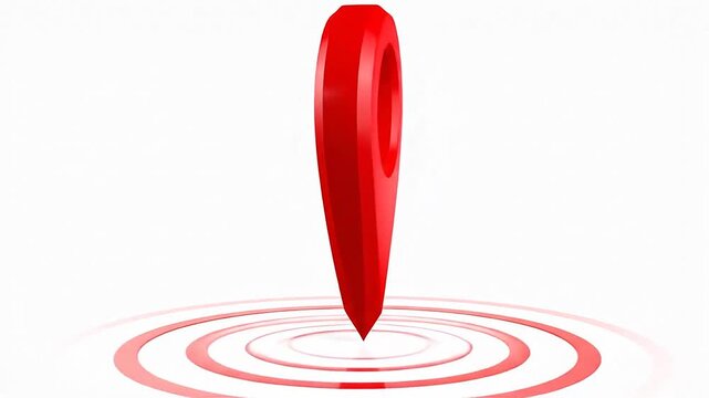 A bright red three dimensional location pin on white background