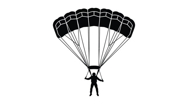 Minimalist black silhouette vector illustration showing a brave skydiver gliding with a large open parachute