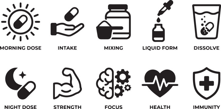 Supplement and medicine dosage icons illustrating intake mixing health benefits focus and immunity concepts for daily routine wellness design.