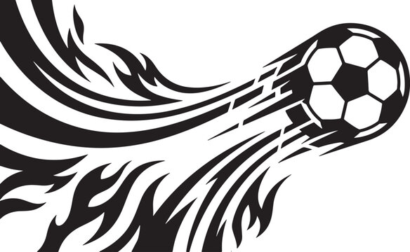 Dynamic soccer ball silhouette flying with motion blur effect and stylized fire flames trail on white background for sporty graphic design projects.