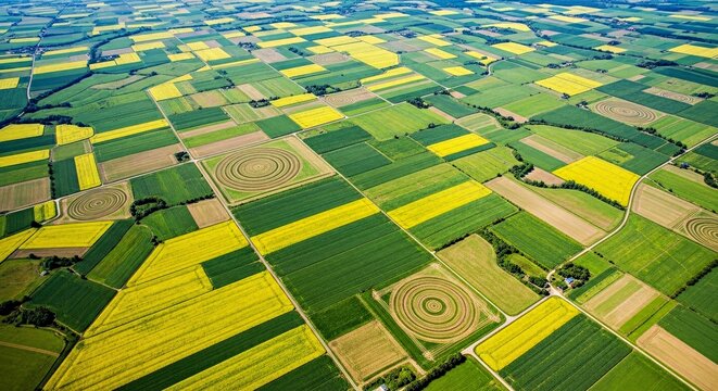Aerial View of Patchwork Fields With Circular Crop Patterns on a Sunny Day