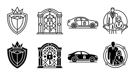 Obraz premium Security and premium services icons set featuring shield lock car and corporate team line and silhouette design