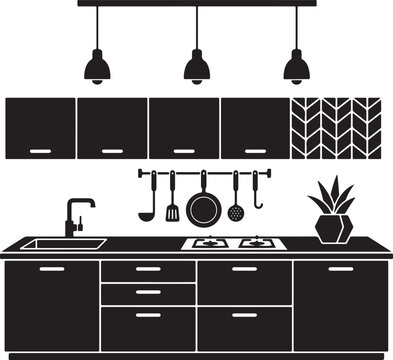 Modern kitchen interior design set with cooking furniture cabinets utensils and hanging lamps in flat black silhouette vector illustration.