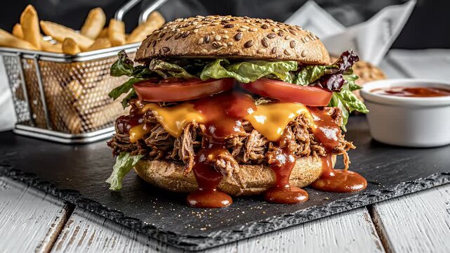 Juicy pulled pork burger with melted cheese, tomato, lettuce, and fries