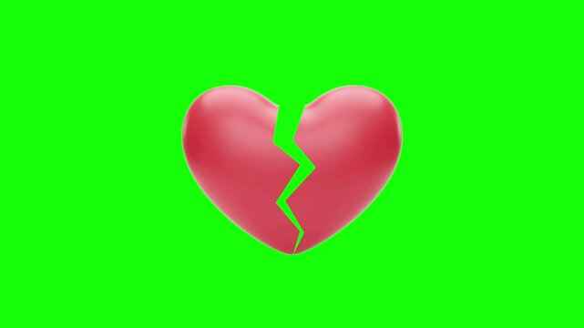 Realistic Red Heart Breaking Apart in Half Representing Heartbreak, Broken Love, Relationship Separation, and Emotional Pain on Green Screen