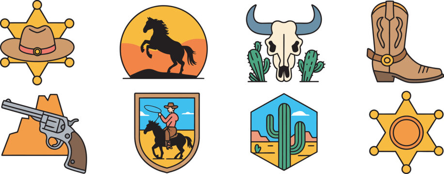 Set of western themed cowboy and desert badge vector icons isolated collection representing cowboy culture, desert landscapes and vintage rodeo emblems for themed events, posters 