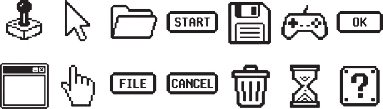 Retro pixel art computer interface elements including vintage gaming joystick and classic desktop icons for nostalgic software user design.