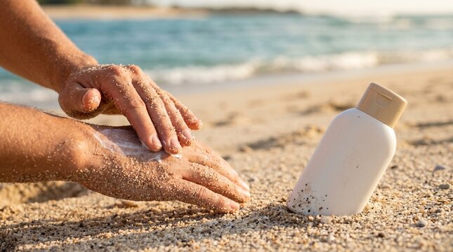 Macro Close Up of Unbranded Sunscreen Bottle on Tropical Beach Sand with Lotion Application