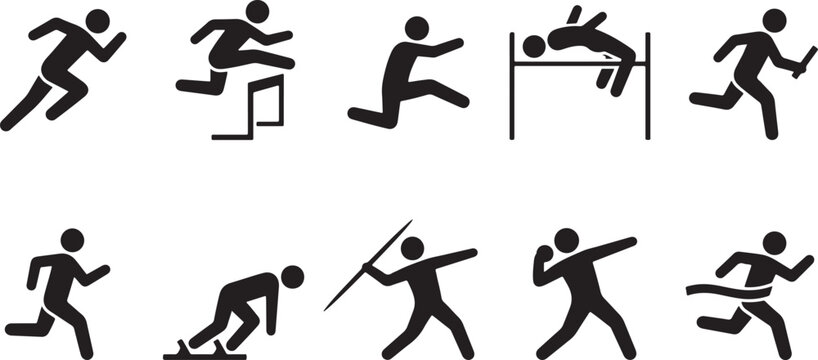 Set of black and white icons representing athletic running, jumping, hurdles, and throwing events in track and field.