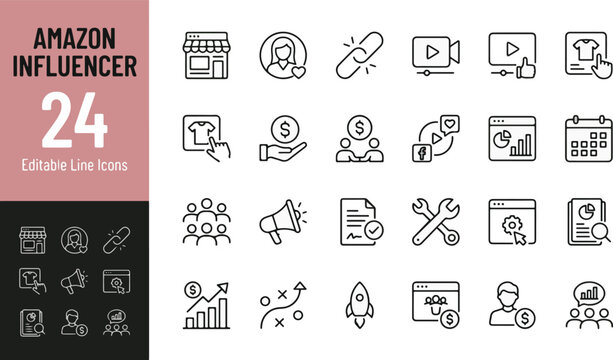 Amazon Influencer Line Icons Set, 24 Editable Vector Symbols for Social Media Marketing, Affiliate Program, Storefront, Monetization, Analytics, Video Creator, Product Review & E-commerce Strategy