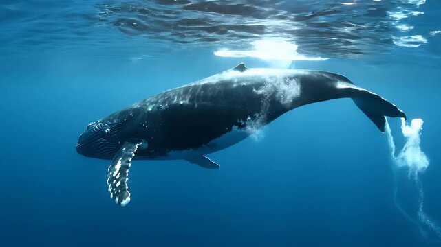 A large whale glides gracefully through the deep blue ocean water