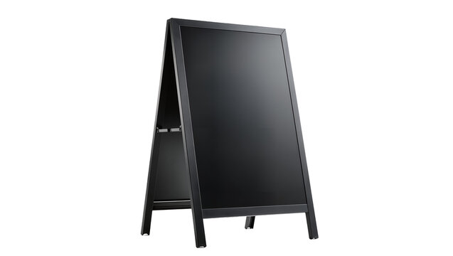 Black A-frame chalkboard sign with dark metal frame, isolated on transparent background