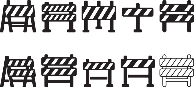 Construction barriers set, collection of various temporary fences and barricades used on roads and work sites.
